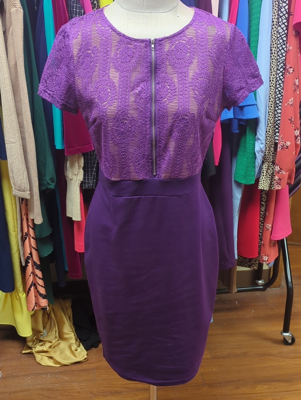 Purple Lace-Overlay Midi Pencil Dress